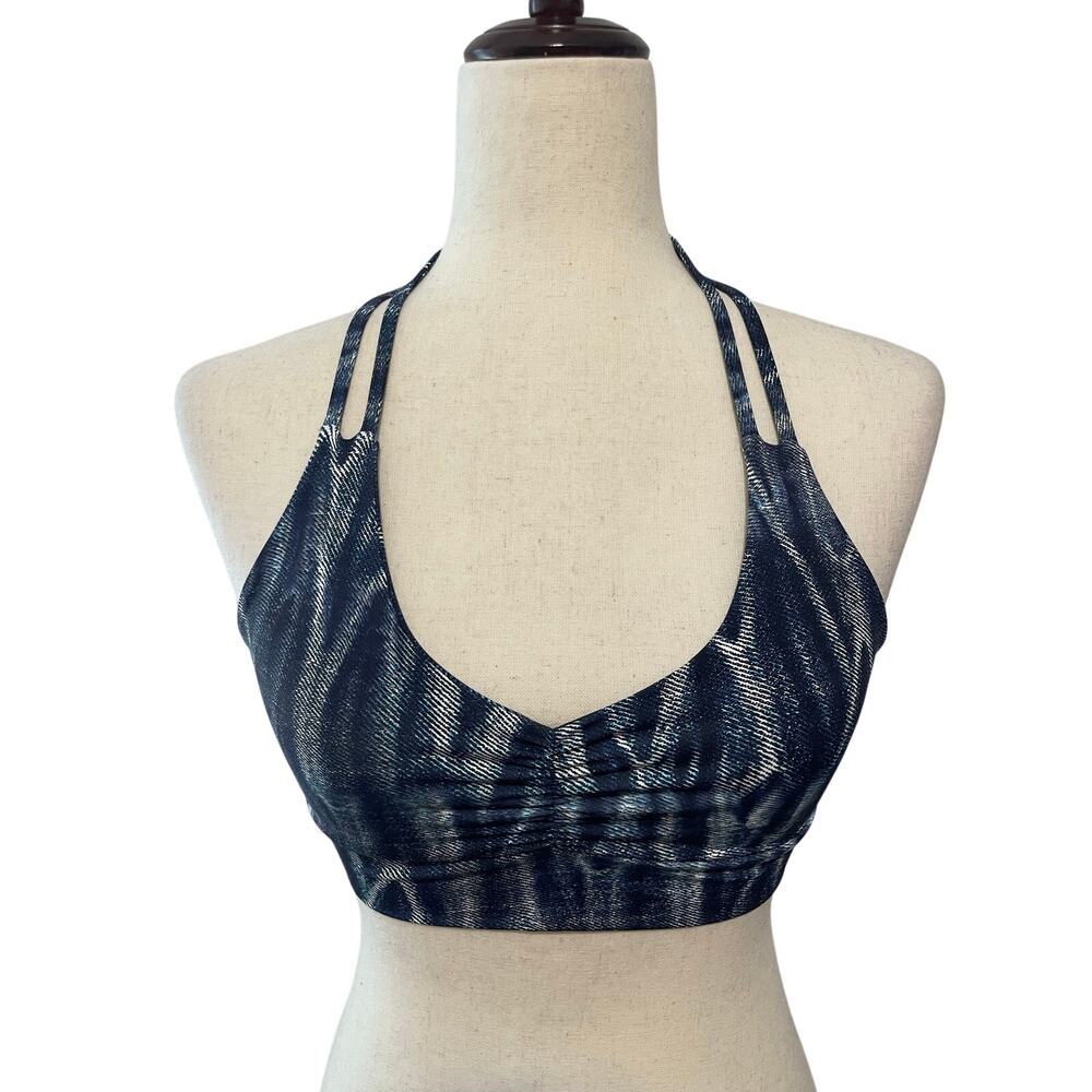 LaLaLand V-Neck Halter Bikini Top Denim Print Blue White M/L La La Land Swim